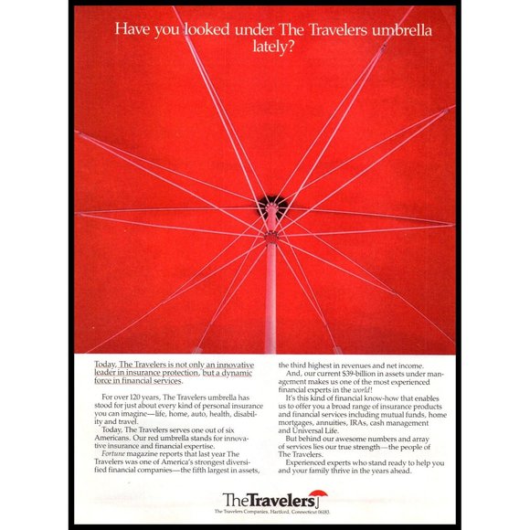 1986 The Travelers Insurance Company Vintage Print Ad Under Red Umbrella Photo - Picture 1 of 1